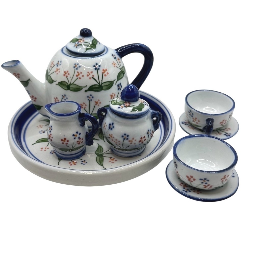 Hand Painted Miniature Floral Ceramic Tea Set Blue‎ White Teapot Cups Tray 10pc